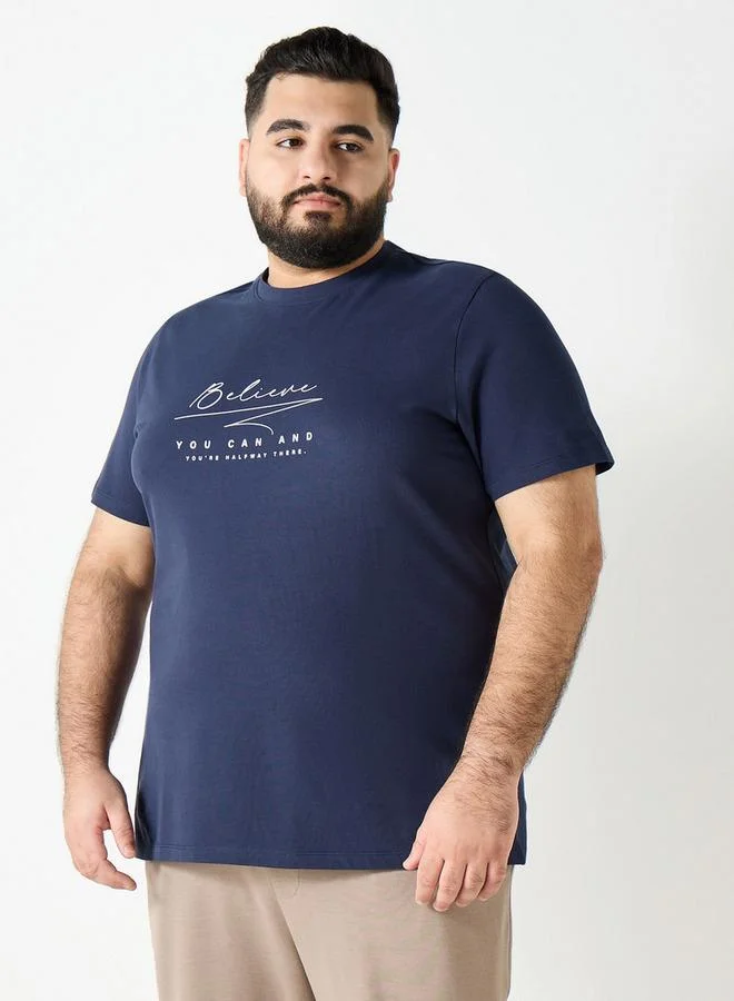 Splash FAV Plus Size Slogan Print Crew Neck T-shirt with Short Sleeves