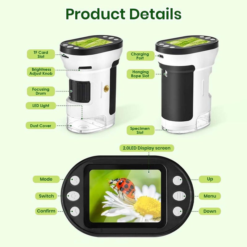 TECPHILE Microscope for Kids Students with Stand Handheld Mini Portable 200-1000X Magnification Digital Microscope Kit 1080P, 2.0" LCD Screen Rechargeable Pocket Microscope, Photo & Video Recording - Image 4