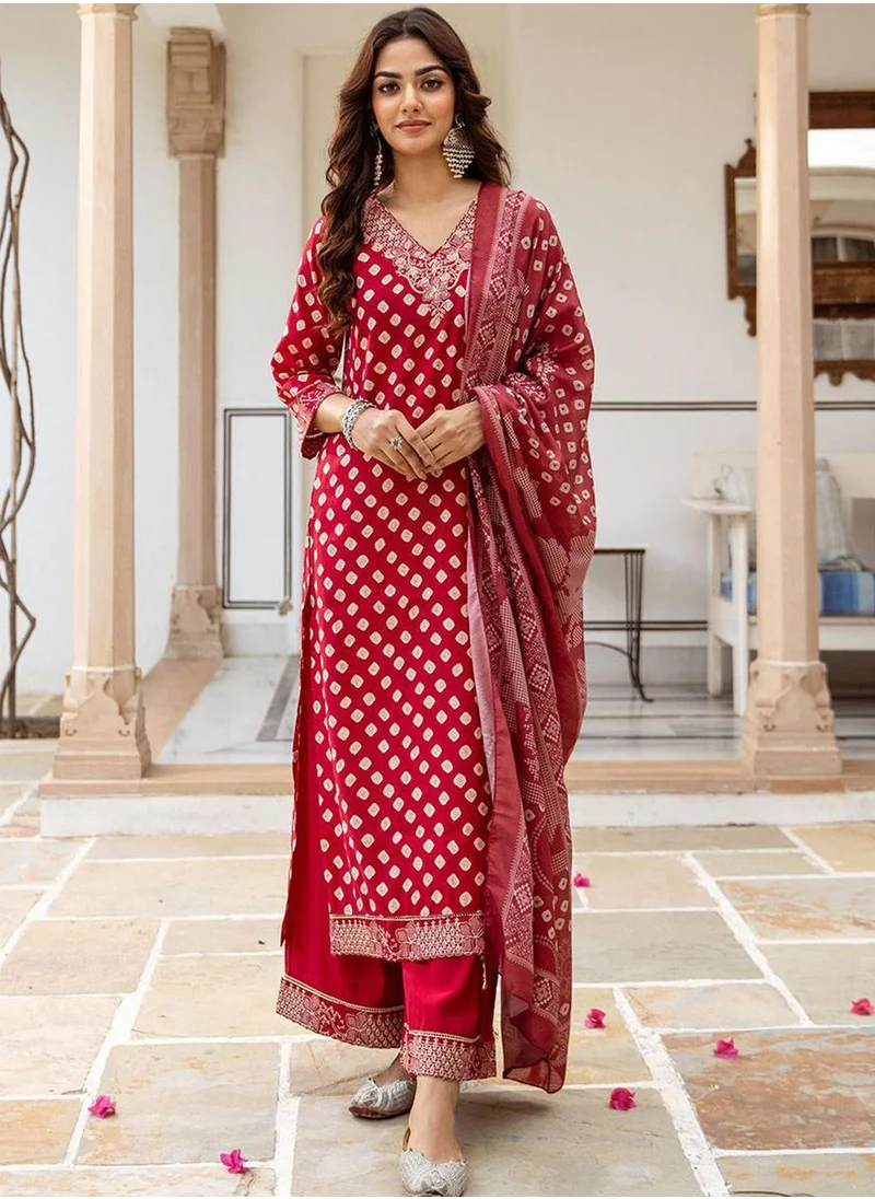 آي شين Women's Red Modal Muslin Printed Tunic Full Length Casual Straight Fit Kurta Set