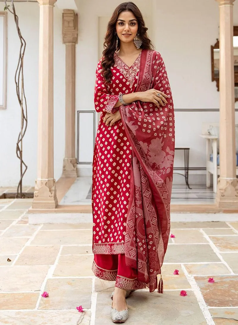 ISHIN Women's Red Modal Muslin Printed Tunic Full Length Casual Straight Fit Kurta Set