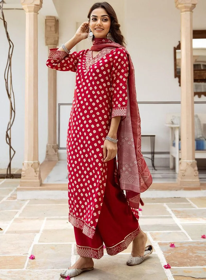 ISHIN Women's Red Modal Muslin Printed Tunic Full Length Casual Straight Fit Kurta Set