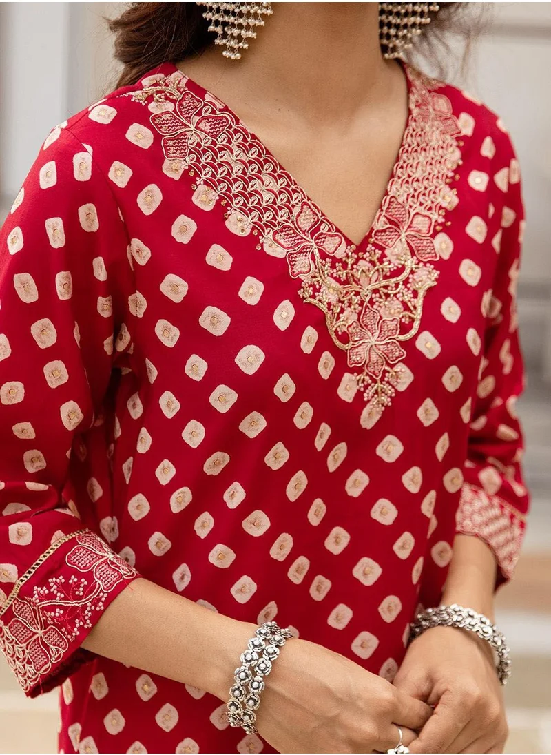 آي شين Women's Red Modal Muslin Printed Tunic Full Length Casual Straight Fit Kurta Set