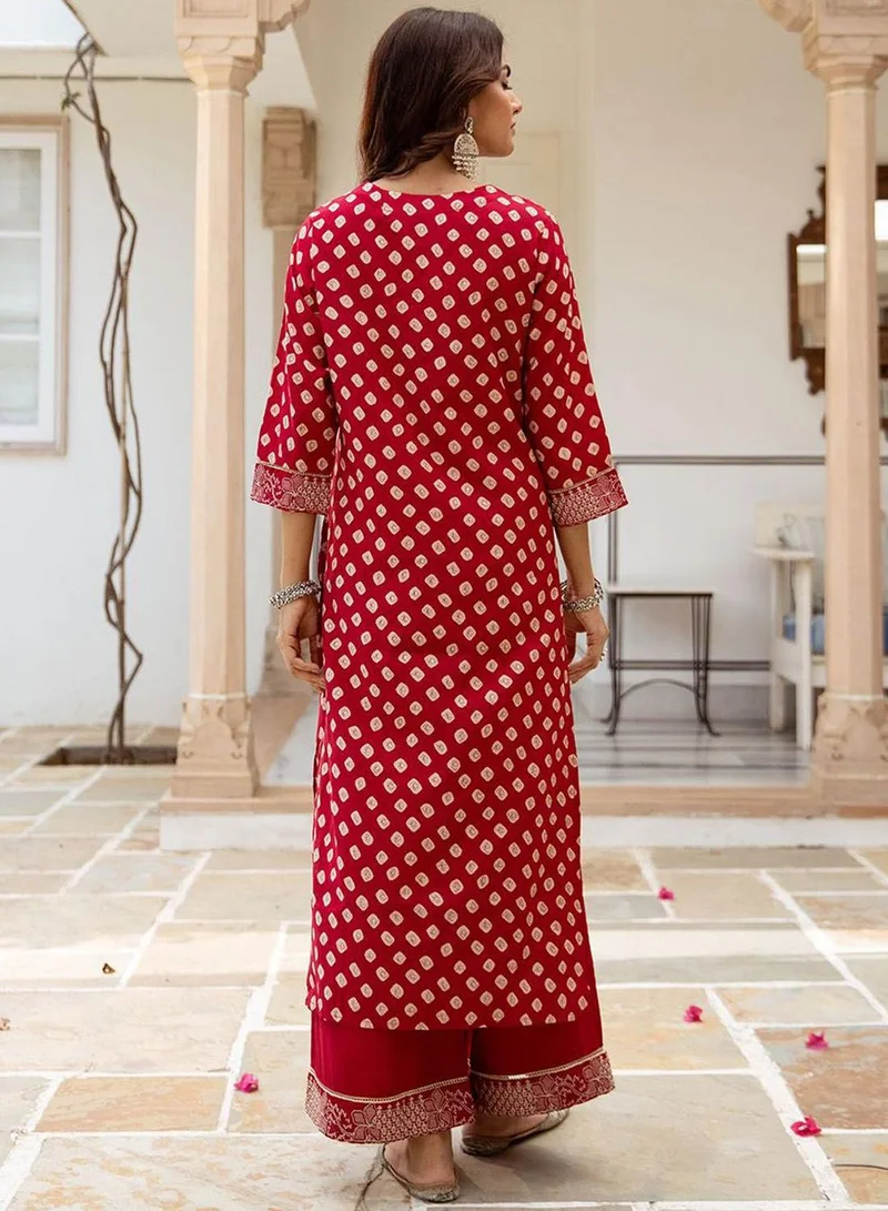 ISHIN Women's Red Modal Muslin Printed Tunic Full Length Casual Straight Fit Kurta Set