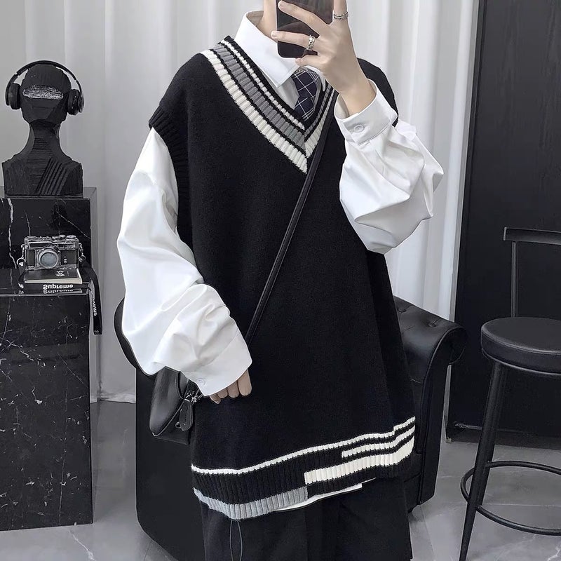 2022 Autumn V-Neck Sweater Mens Vintage Loose Knit Vest Black  - Image 1