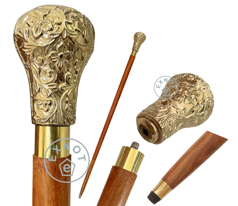 EXNOT Vintage Walking Sticks in Natural Wood Elegant Walking Cane Brass Handle knob Brown Wood Stick Victorian Cane Fancy Cane for Men and Women - Image 3