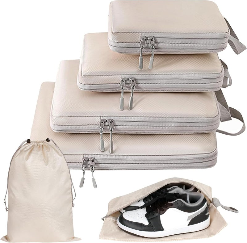 FCYOUO 6 Set compression Packing Cubes Luggage Packing Organizers for Travel Accessories Space Saving Clothes Storage Bags Shoe Bag (Beige) - Image 1