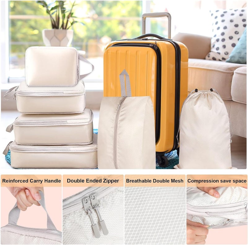 FCYOUO 6 Set compression Packing Cubes Luggage Packing Organizers for Travel Accessories Space Saving Clothes Storage Bags Shoe Bag (Beige) - Image 3