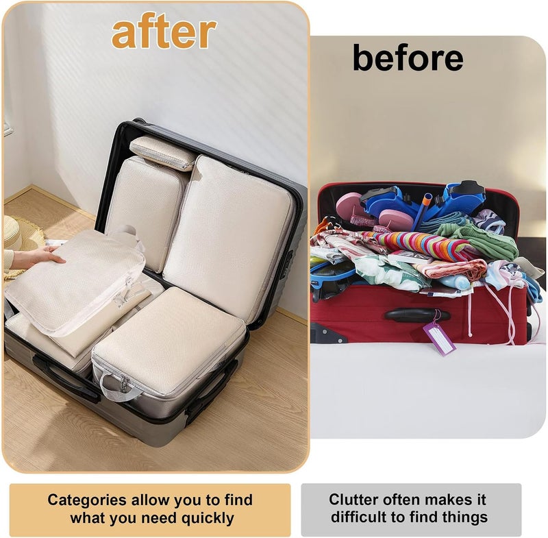 FCYOUO 6 Set compression Packing Cubes Luggage Packing Organizers for Travel Accessories Space Saving Clothes Storage Bags Shoe Bag (Beige) - Image 2