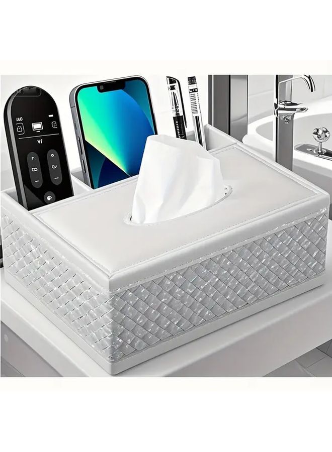 White Faux Leather Tissue Box Organizer With Remote Control And Napkin Storage - Image 1