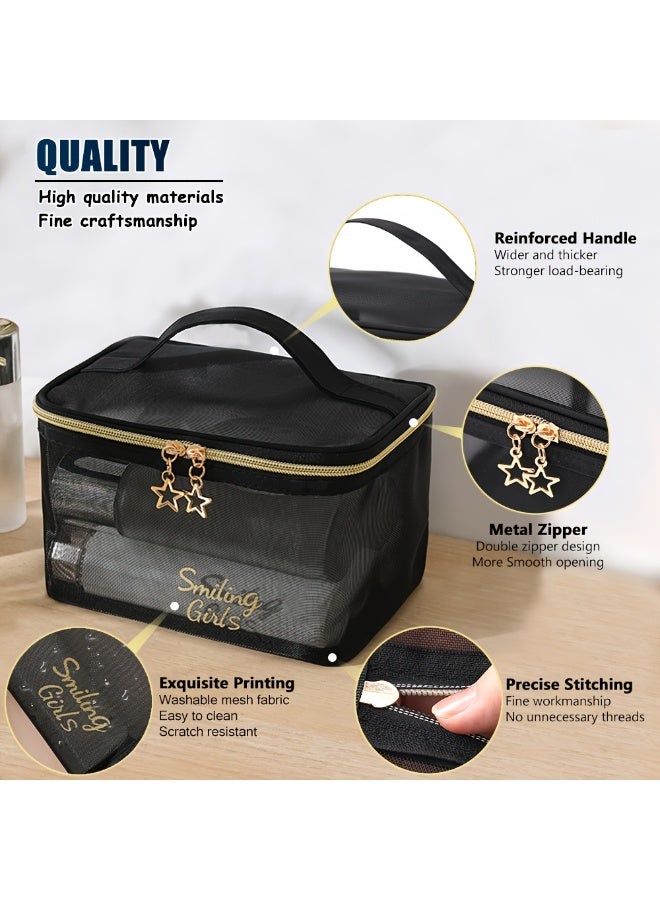 مجموعة 5 قطع - حقيبة نسائية شفافة من الشبكة للسفر، حقيبة منظمة للمستحضرات التجميلية المحمولة - Image 3