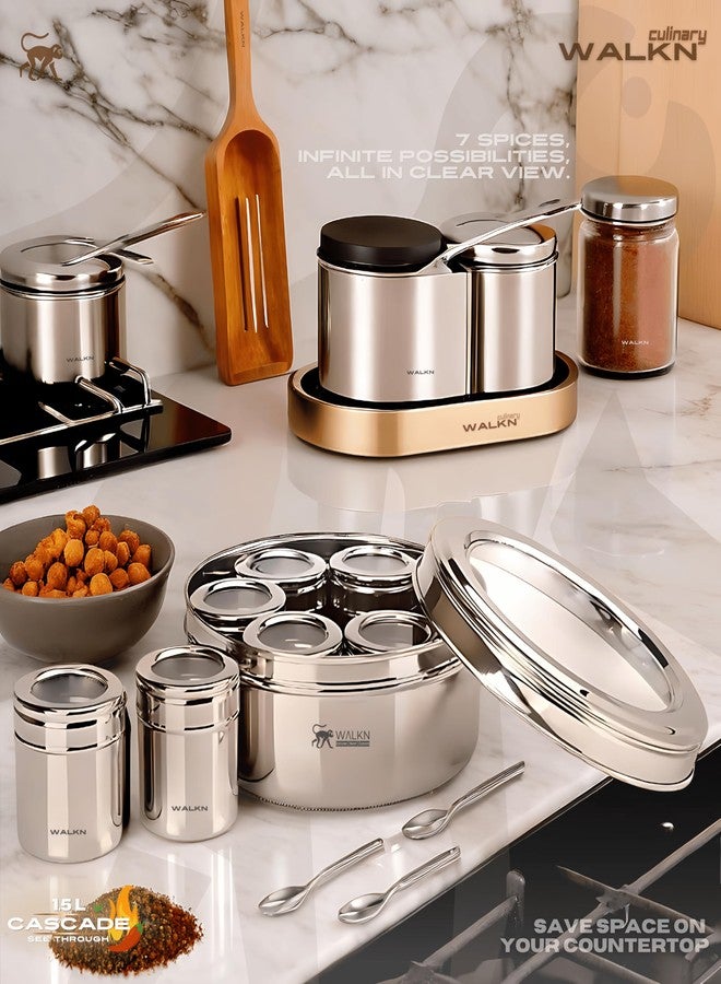 WALKN - EXPLORE | SHOP | ELEVATE WALKN 7 in 1 See Through 1.5L Stainless Steel Masala box for Kitchen | Spice Box | Spice Organiser | Masala Daani | Masala Dabba with 7 Containers and Small Spoons | Silver - Image 3