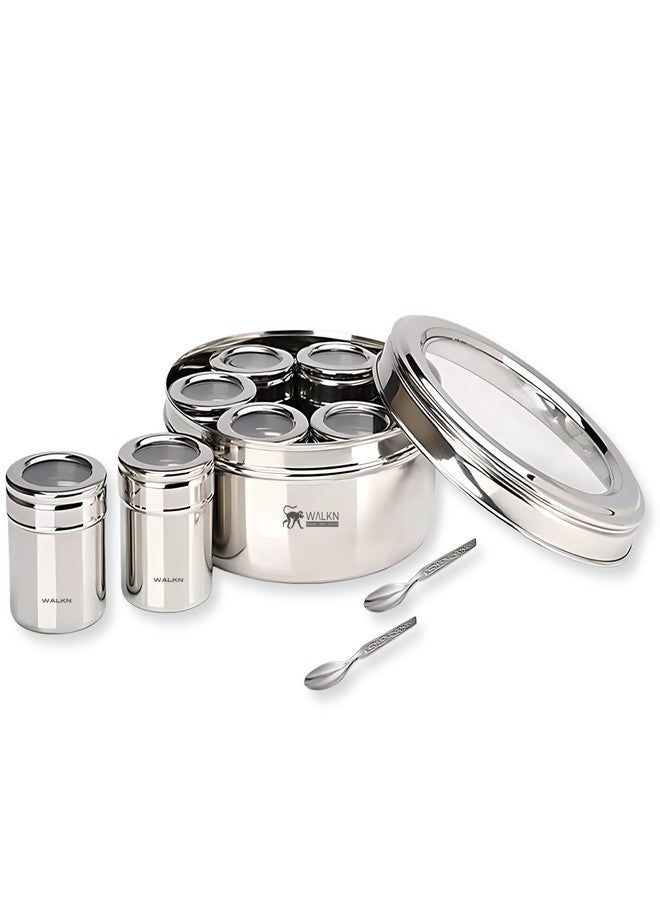 WALKN - EXPLORE | SHOP | ELEVATE WALKN 7 in 1 See Through 1.5L Stainless Steel Masala box for Kitchen | Spice Box | Spice Organiser | Masala Daani | Masala Dabba with 7 Containers and Small Spoons | Silver - Image 1