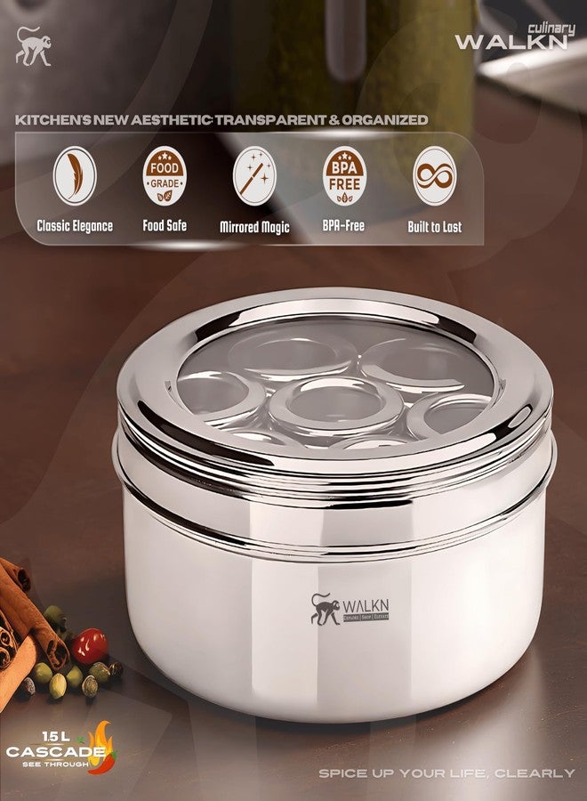 WALKN - EXPLORE | SHOP | ELEVATE WALKN 7 in 1 See Through 1.5L Stainless Steel Masala box for Kitchen | Spice Box | Spice Organiser | Masala Daani | Masala Dabba with 7 Containers and Small Spoons | Silver - Image 5