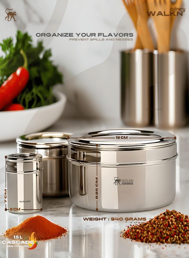 WALKN - EXPLORE | SHOP | ELEVATE WALKN 7 in 1 See Through 1.5L Stainless Steel Masala box for Kitchen | Spice Box | Spice Organiser | Masala Daani | Masala Dabba with 7 Containers and Small Spoons | Silver - Image 2
