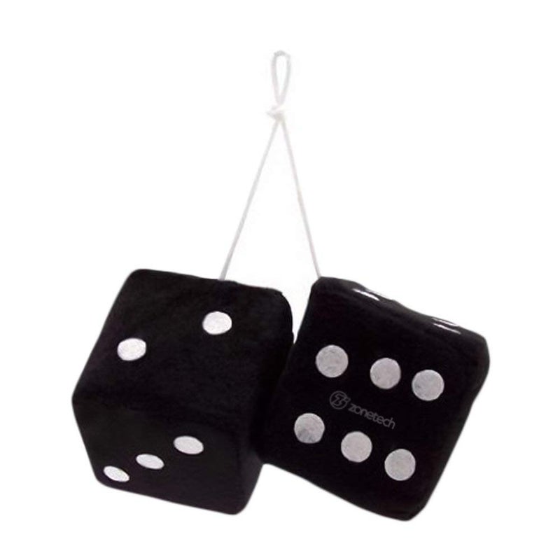 Zone Tech Pair Black with White Dots Fuzzy Dice 3 Square Hanging Soft Fuzzy Vehicle Decorative