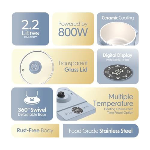 Cellecor White Ceramic Non-Stick Coated Multi-Cook Kettle CMK22 Cook Box Touch Control, LED Display, Egg Boiler with Steamer (2.2 L, Light Blue) - Image 3