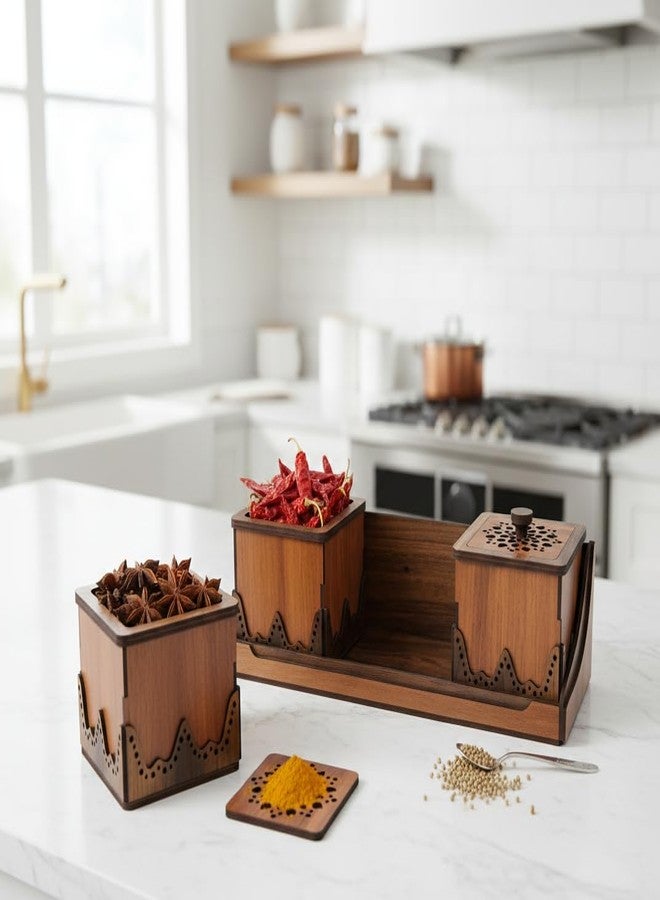 MeeCraft Set of 3 Premium Wooden Spice Box with Tray Unique Kitchen Storage Solution (Brown, 10x10x8.7 cm Each) - Image 3