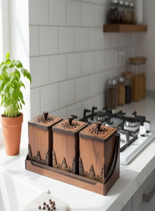 MeeCraft Set of 3 Premium Wooden Spice Box with Tray Unique Kitchen Storage Solution (Brown, 10x10x8.7 cm Each) - Image 5