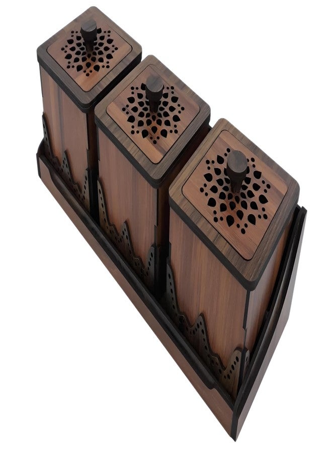 MeeCraft Set of 3 Premium Wooden Spice Box with Tray Unique Kitchen Storage Solution (Brown, 10x10x8.7 cm Each) - Image 1