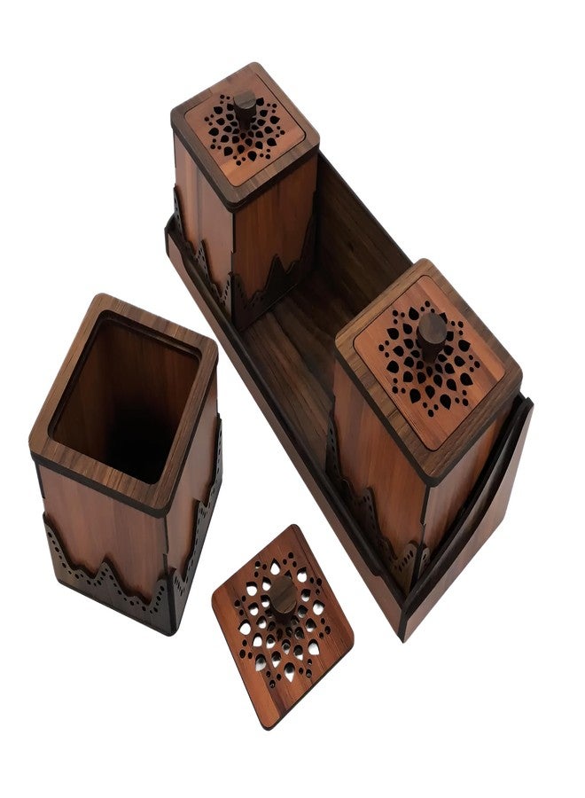 MeeCraft Set of 3 Premium Wooden Spice Box with Tray Unique Kitchen Storage Solution (Brown, 10x10x8.7 cm Each) - Image 2