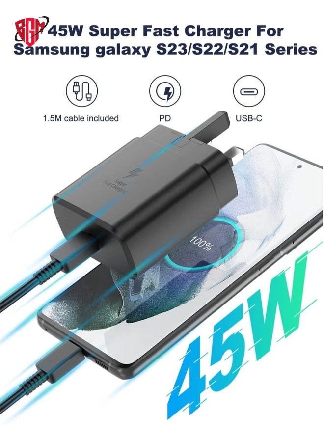 BGM for 45W Samsung Charger Plug with 1.5M Cable for Samsung Galaxy S23/S23+/S23Ultra S22/S22+/S22Ultra S21/S21+/S21Ultra S20 A33,A72,A71,A53,A52,A51,A50,M33, UK Wall USB C Power Adapter - Image 2