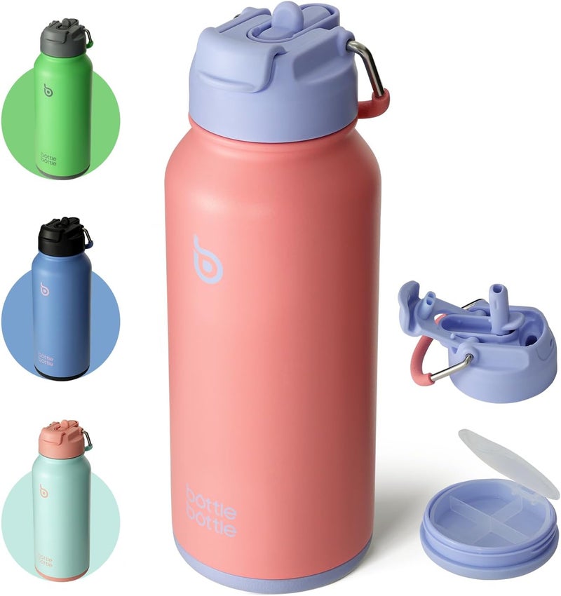 BOTTLE BOTTLE Insulated Water Bottle 950ml(32oz) Stainless Steel Sports Water Bottles with Straw Dual-use Lid Drink Flask Design for Gym with Pill Box (Lavender Dream) - Image 1