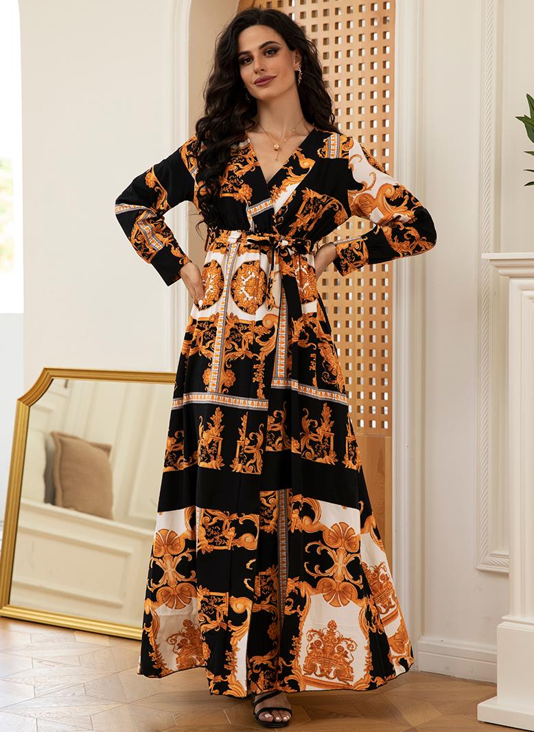 فرايديين انيق طوق على شكل V طباعة قوس كم منتظم فساتين طويلة اسود - Image 1