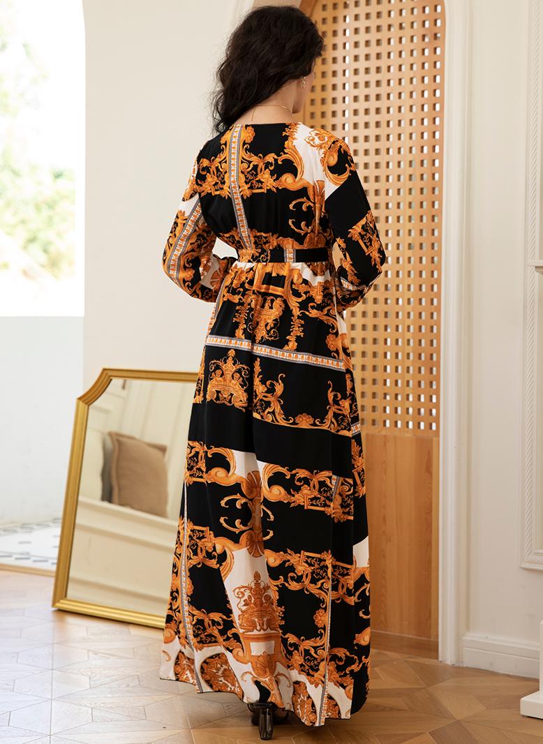 فرايديين انيق طوق على شكل V طباعة قوس كم منتظم فساتين طويلة اسود - Image 2