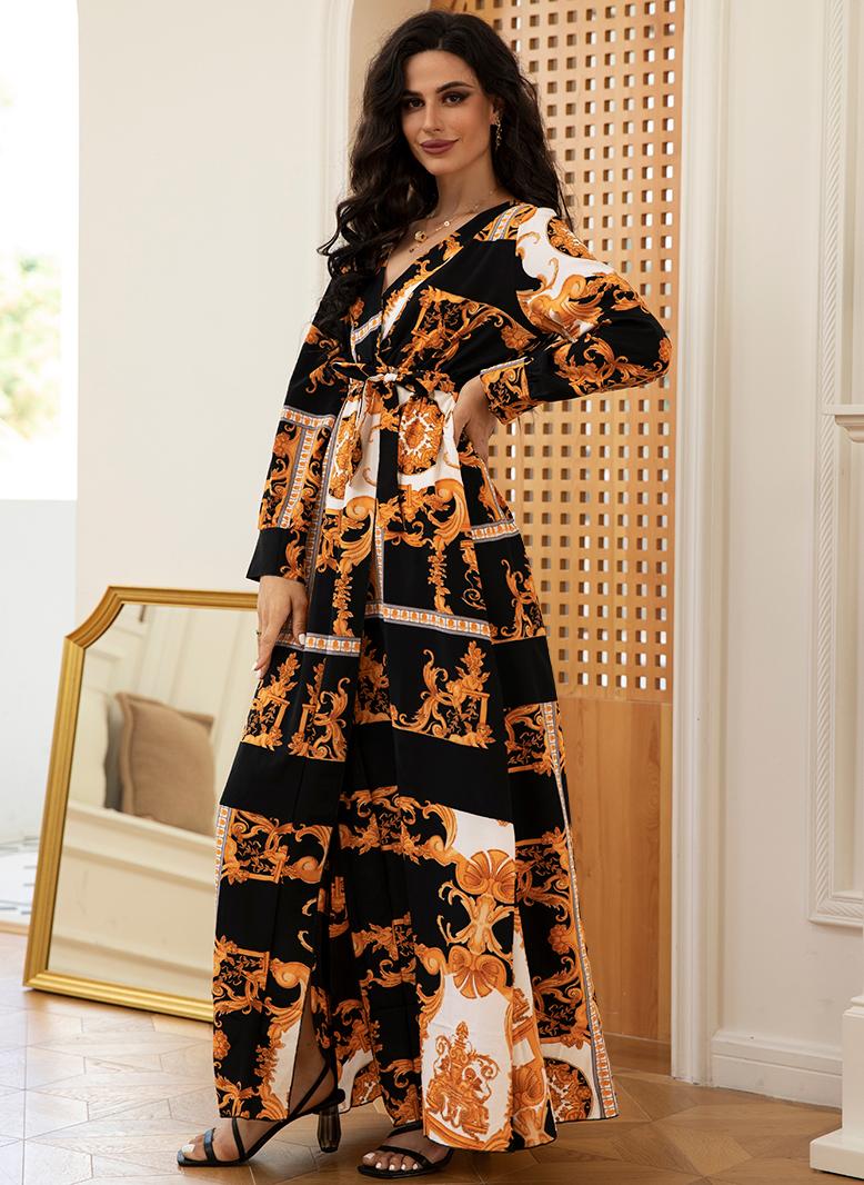 فرايديين انيق طوق على شكل V طباعة قوس كم منتظم فساتين طويلة اسود - Image 4