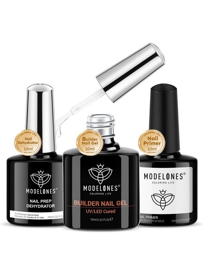 modelones Builder Nail Gel With Nail Dehydrator And Primer, 3Pcs Clear Gel Builder Acid Free Nail Prep Dehydrate & Bond Primer For Nail Thickening Apex Building Nail Extension, Led Nail Lamp Cured - Image 1