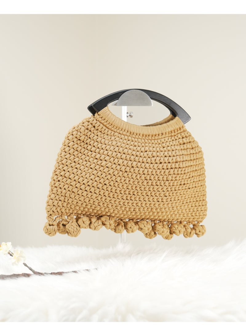 Tan Crochet Handbag with Pom-pom Design and Black Handle