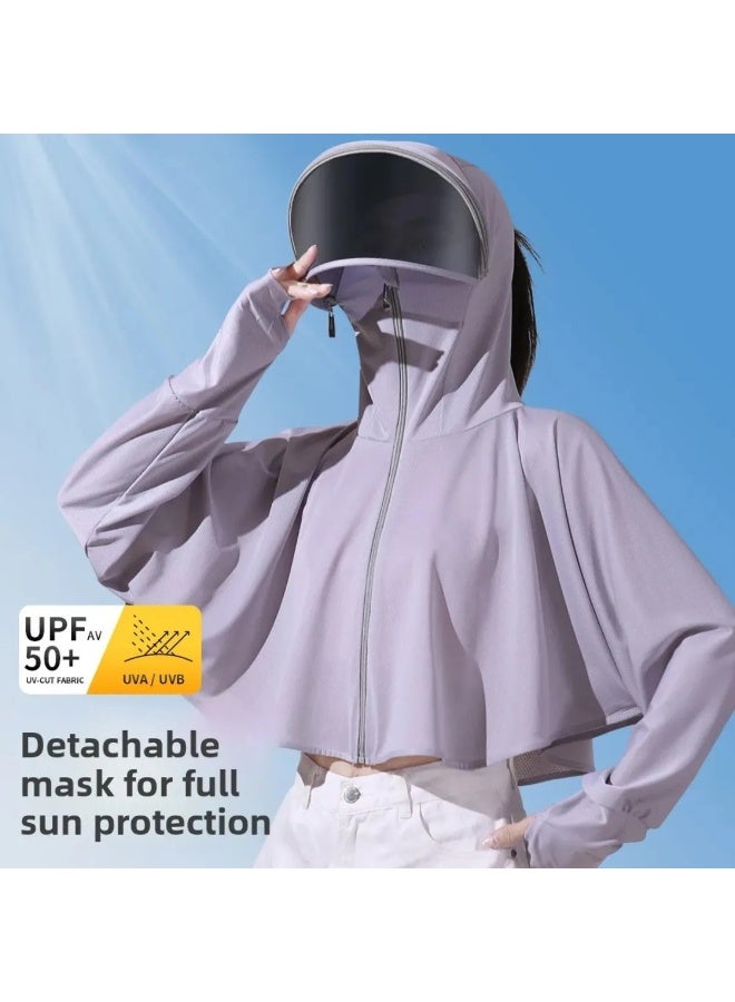 Women's Summer Sun Protection Jacket with Face Mask, UPF50+ Ice Silk Breathable Full Face Neck Cover for Cycling Running, White - Image 4