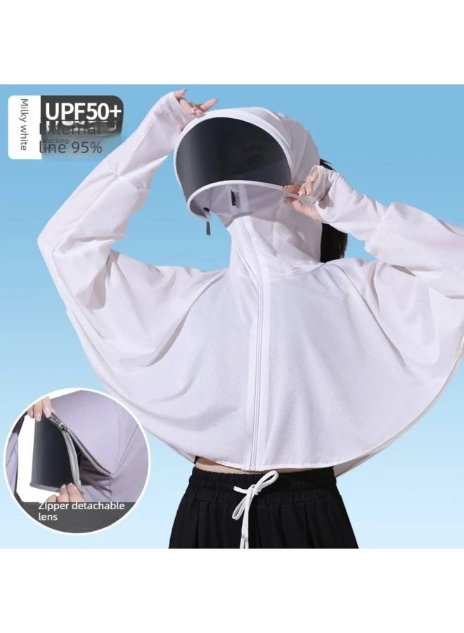 Women's Summer Sun Protection Jacket with Face Mask, UPF50+ Ice Silk Breathable Full Face Neck Cover for Cycling Running, White - Image 2