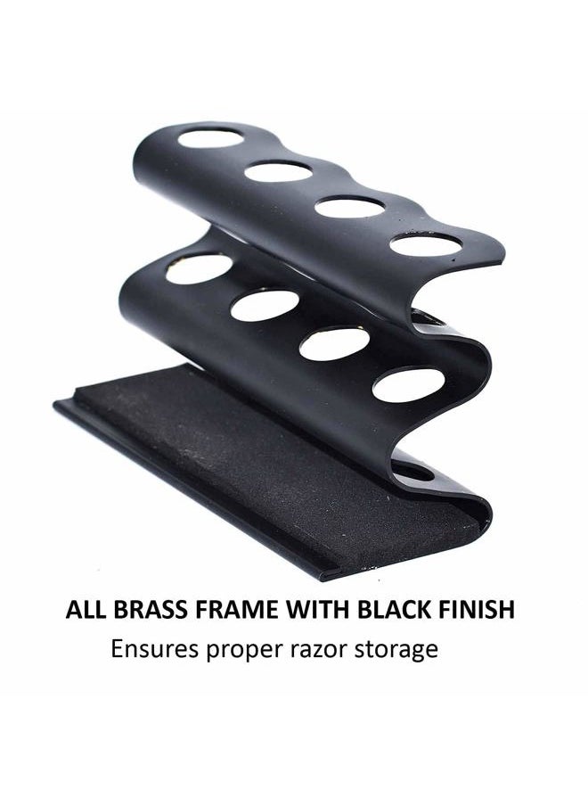 Parker Double Edge Razor Stand – Solid Brass with Black Finish –Holds 4 Razors – Parker Stand with Padded Base – Excellent Storage for Long Handled Double Edge Safety Razors