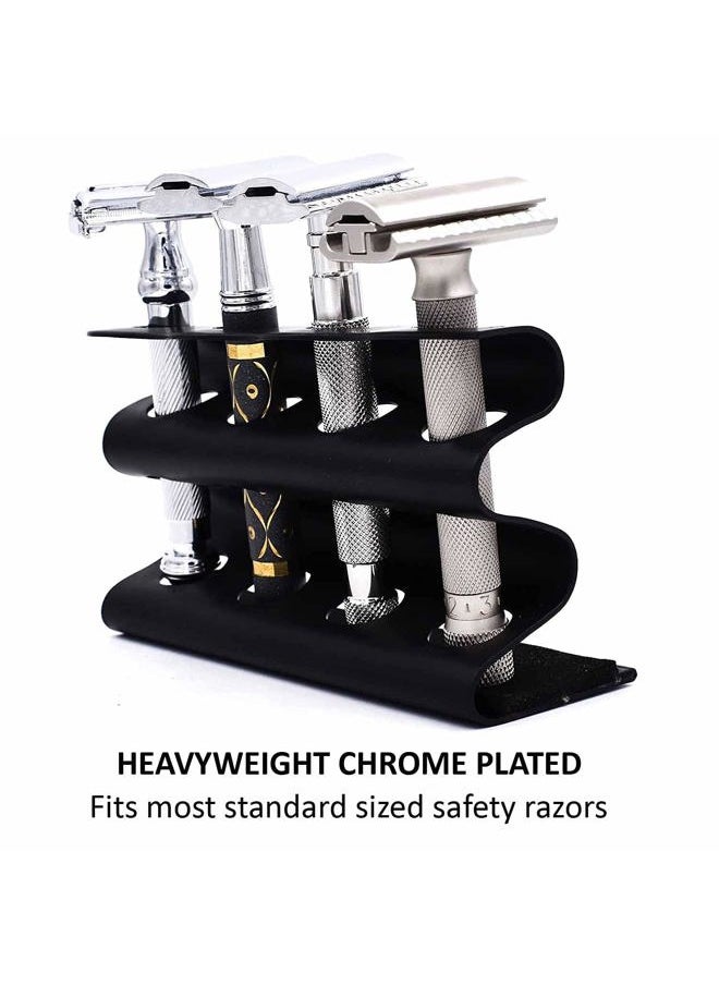 Parker Double Edge Razor Stand – Solid Brass with Black Finish –Holds 4 Razors – Parker Stand with Padded Base – Excellent Storage for Long Handled Double Edge Safety Razors