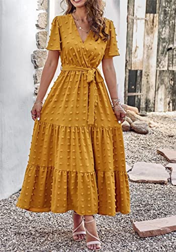 MASCOMODA Women Boho Swiss Dot Maxi Dresses Wrap V Neck Flutter Short Sleeve Solid Tie Waist A Line Tiered Flowy Long Dress(Turmeric,Small) - Image 4