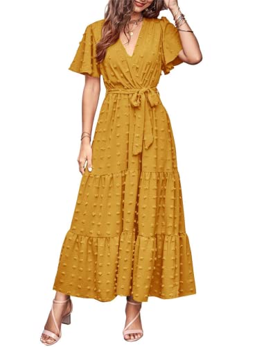 MASCOMODA Women Boho Swiss Dot Maxi Dresses Wrap V Neck Flutter Short Sleeve Solid Tie Waist A Line Tiered Flowy Long Dress(Turmeric,Small) - Image 5
