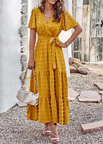 MASCOMODA Women Boho Swiss Dot Maxi Dresses Wrap V Neck Flutter Short Sleeve Solid Tie Waist A Line Tiered Flowy Long Dress(Turmeric,Small) - Image 2