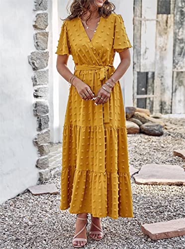 MASCOMODA Women Boho Swiss Dot Maxi Dresses Wrap V Neck Flutter Short Sleeve Solid Tie Waist A Line Tiered Flowy Long Dress(Turmeric,Small) - Image 3