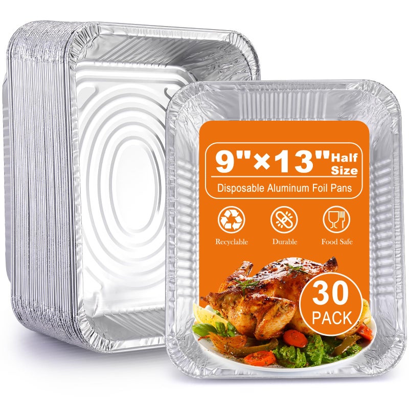 Homewarm Aluminum Foil Pans 9x13 Disposable â€“ 30 Pack Half Size Aluminum Foil Heavy Duty deep Steam Table Pan, Tin foil Turkey Sheets Tray Chafing Grill Accessories for Cooking, Baking, Storing, Food Prepping - Image 1