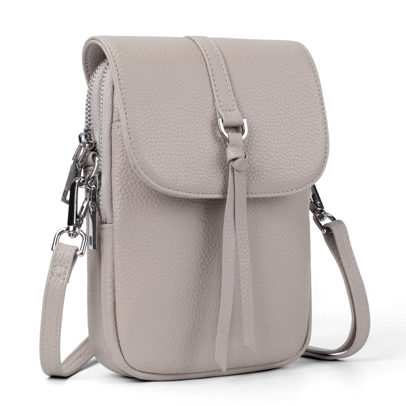 befen Genuine Leather Small Crossbody Bags for Women RFID Protected Leather Shoulder Bag Small Womens Crossbody Handbags Anti Theft Cross Over Body Purses with Adjustable Strap Beige Grey
