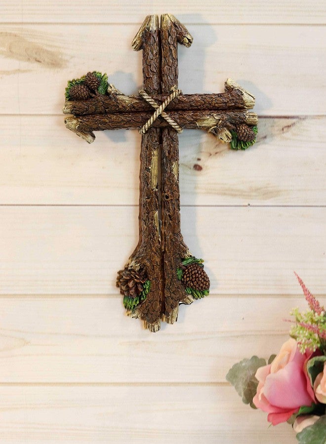Ebros Gift 13.5" Tall Rustic Western Rugged Tree Logs With Pine Cones Wall Cross Decor Hanging Sculpture Catholic Christian Country Cabin Lodge Accent Decorative Crosses - Image 2