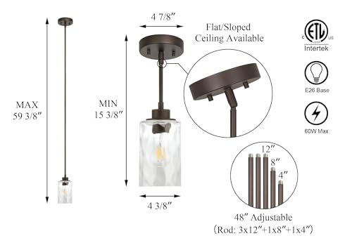 XiNBEi Lighting Pendant Lighting 1 Light Mini Pendant Light with Glass, Modern Adjustable Kitchen Hanging Ceiling Light Dark Bronze Finish XB-P1227-DB - Image 5