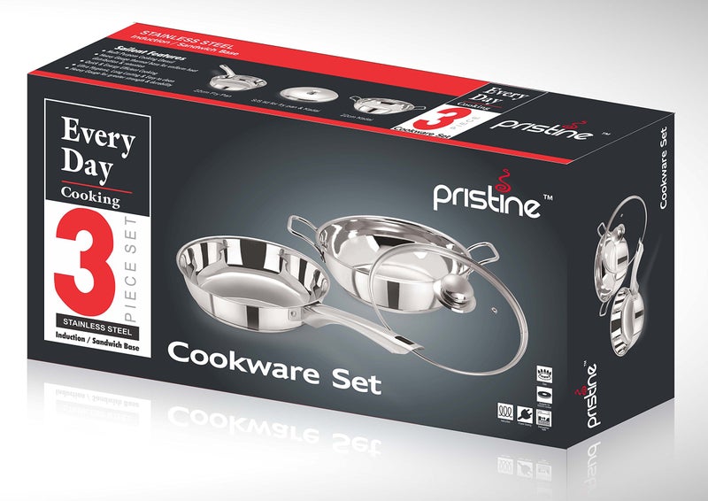Pristine Induction Compatible Stainless Steel Sandwich Base Cookware Set| Fry Pan & Kadai with Glass Lid 22cm/2L (3 Pieces, Silver) - Image 2