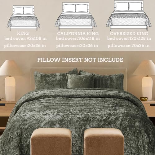 COCOPLOCEUS 3 Pieces Luxurious Velvet California King Quilts Set 106x118 Ruched Bedspread Coverlet Quilted Bedding Set with 2 Pillow Shams 20x36 Ultra Soft Comforter for All Season, Army Green - Image 4
