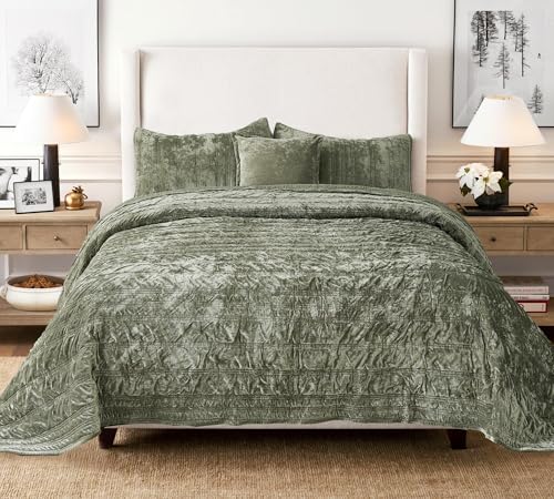 COCOPLOCEUS 3 Pieces Luxurious Velvet California King Quilts Set 106x118 Ruched Bedspread Coverlet Quilted Bedding Set with 2 Pillow Shams 20x36 Ultra Soft Comforter for All Season, Army Green - Image 5