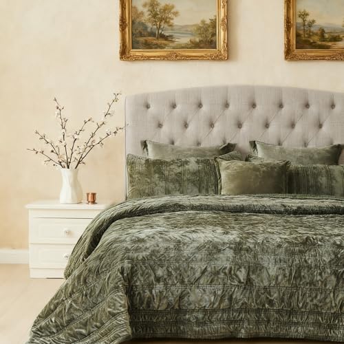 COCOPLOCEUS 3 Pieces Luxurious Velvet California King Quilts Set 106x118 Ruched Bedspread Coverlet Quilted Bedding Set with 2 Pillow Shams 20x36 Ultra Soft Comforter for All Season, Army Green - Image 1