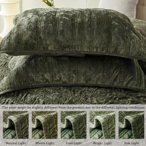 COCOPLOCEUS 3 Pieces Luxurious Velvet California King Quilts Set 106x118 Ruched Bedspread Coverlet Quilted Bedding Set with 2 Pillow Shams 20x36 Ultra Soft Comforter for All Season, Army Green - Image 2