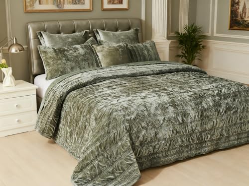 COCOPLOCEUS 3 Pieces Luxurious Velvet California King Quilts Set 106x118 Ruched Bedspread Coverlet Quilted Bedding Set with 2 Pillow Shams 20x36 Ultra Soft Comforter for All Season, Army Green - Image 3