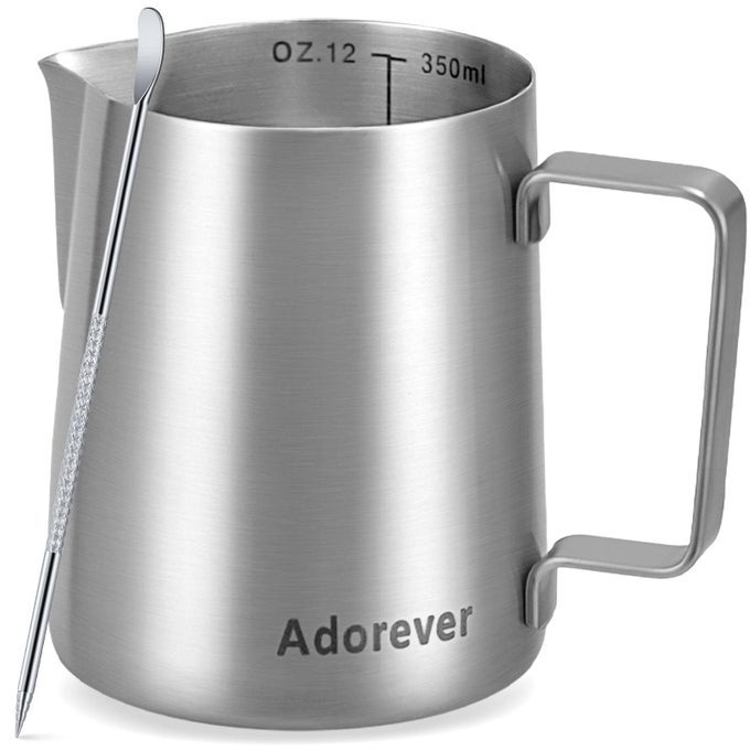 MILK FROTHING PITCHER 12OZ STAINLESS STEEL MILK FROTHER CUP STEAMING PITCHER CAPPUCCINO ESPRESSO ACCESSORIES COFFEE BAR BARISTA TOOLS STEAMER CUP MILK JUG WITH LATTE ART PEN MATTE STEEL
